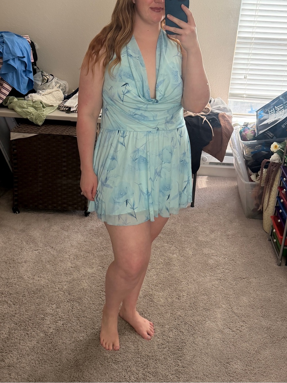 H&M Light Blue Floral Halter Mini Dress